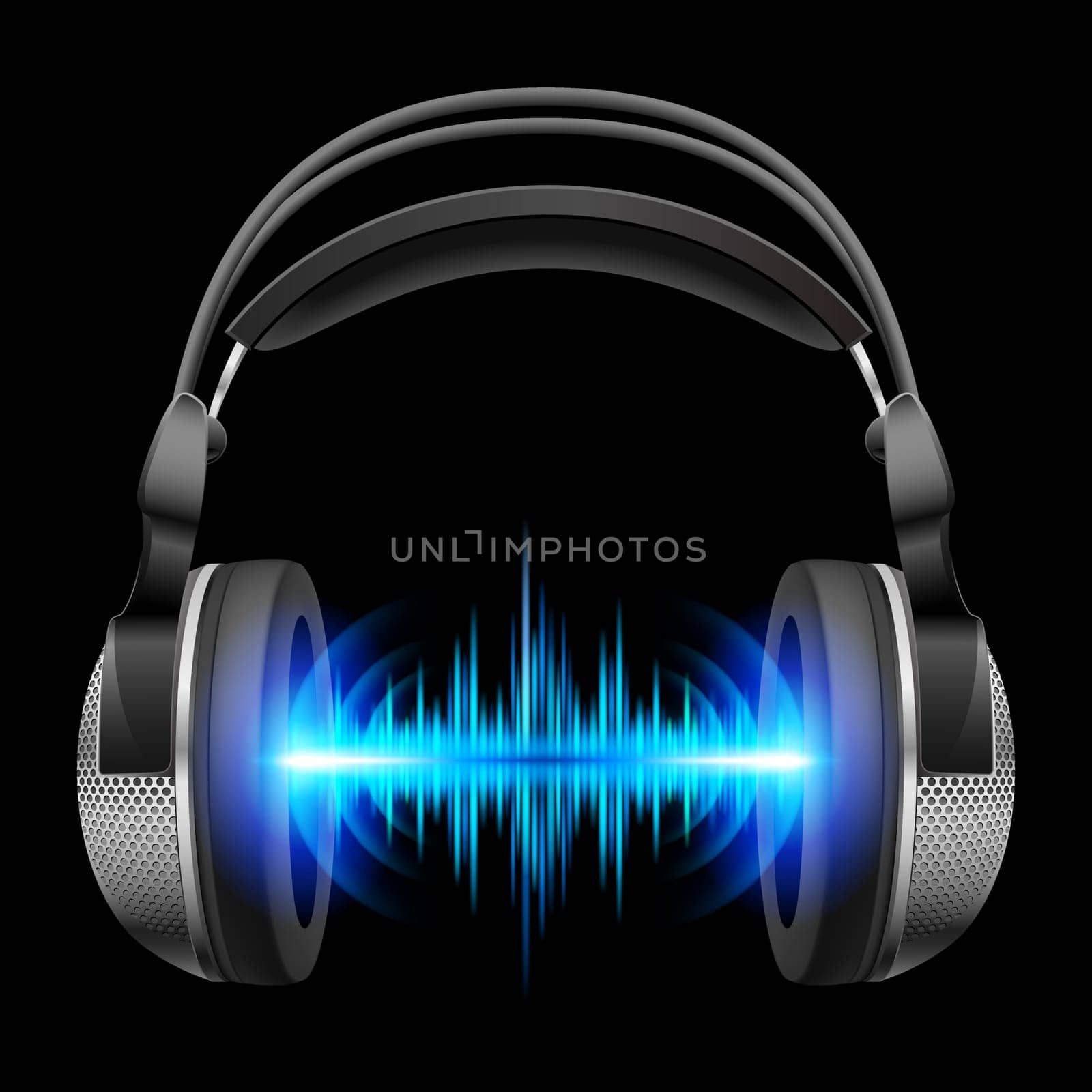 Headphones with blue sound waves. Illustration on black background