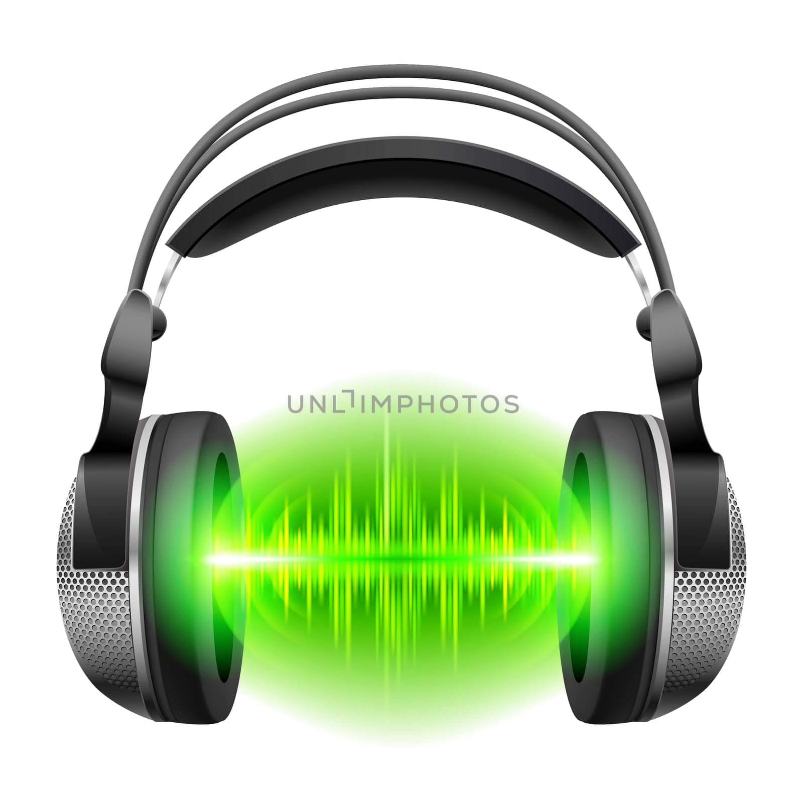 Headphones with green sound waves. Illustration on white background