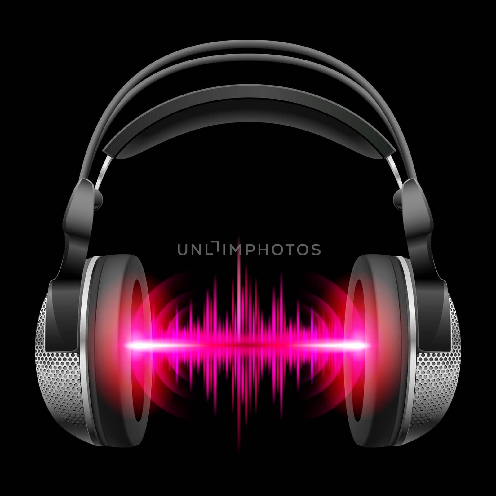 Headphones with red and purple sound waves. Illustration on black background