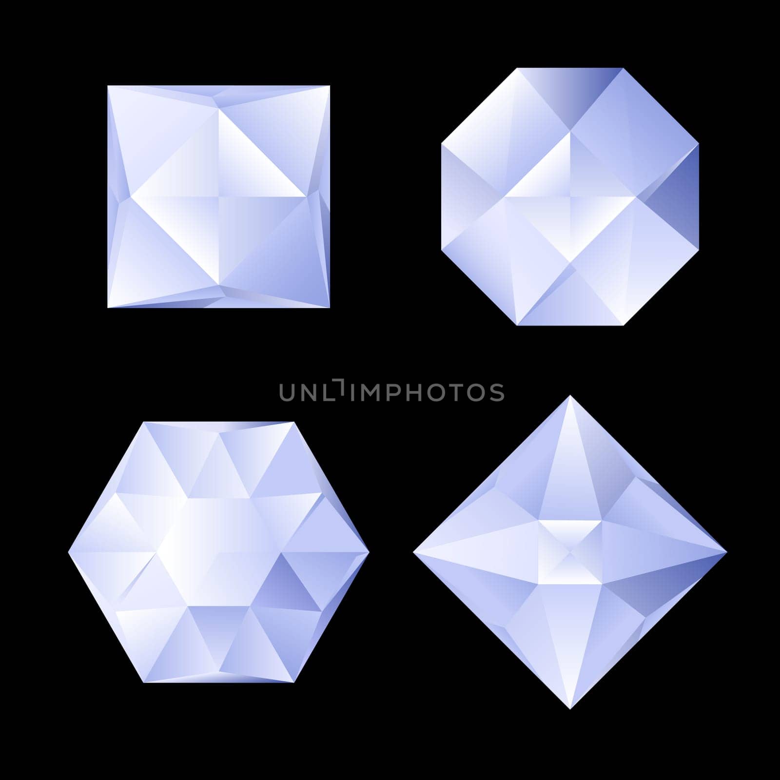 Set of four shiny rhinestones of differebt shapes. Illustration on black background