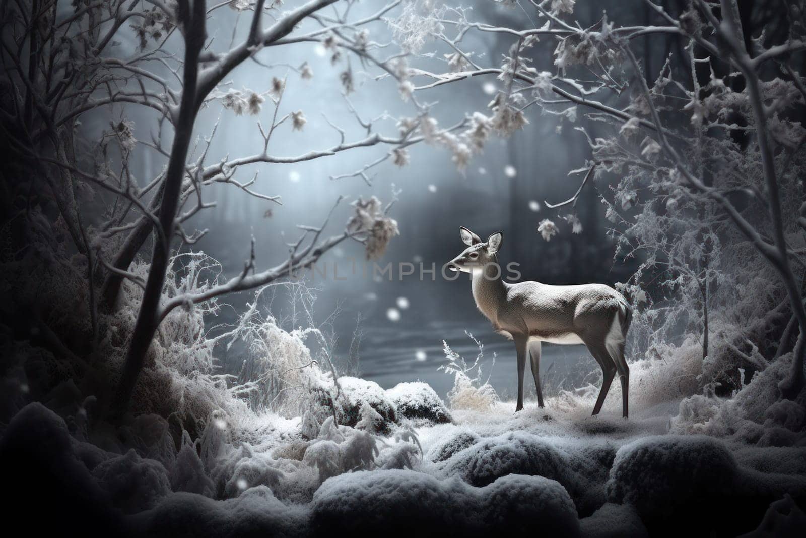 An enchanting winter tableau, showcasing the grace and resilience of wildlife, including deer, birds, and squirrels, in their natural habitats during the frosty season.