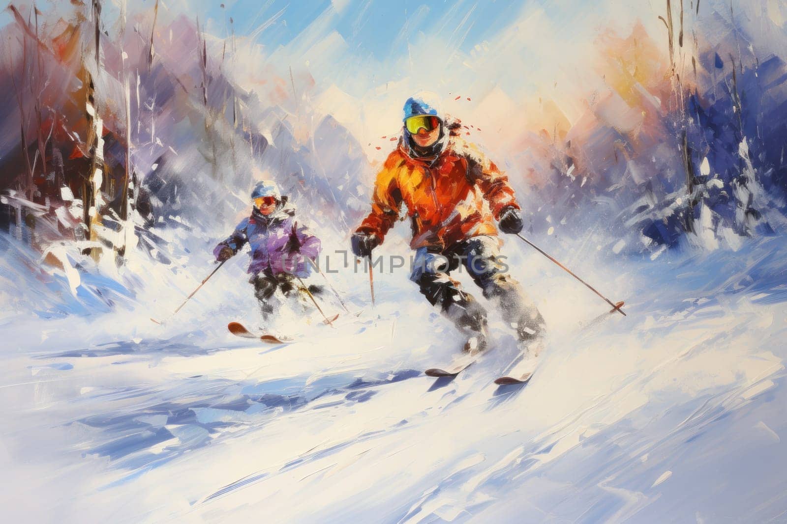 A dynamic portrayal of the exhilarating winter season, featuring individuals engaged in a range of invigorating activities such as skiing, snowboarding, and ice skating.