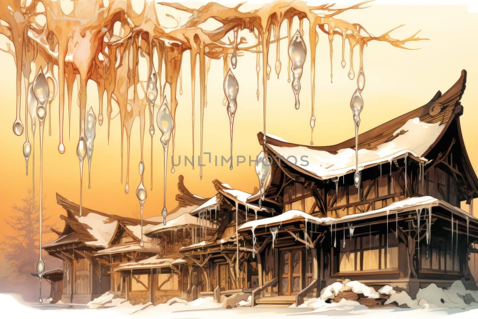 A remarkable portrayal of winter's allure, focusing on the glistening, see-through charm of icicles suspended from rooftops and tree limbs, showcasing their sparkling and crystalline elegance.