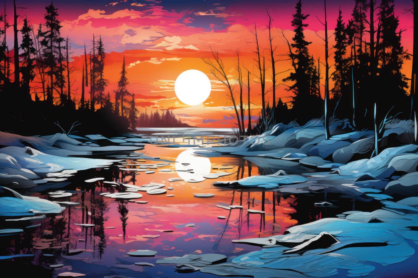 An exquisite visual representation of winter's enchantment, featuring frozen lakes, rivers, and ponds.