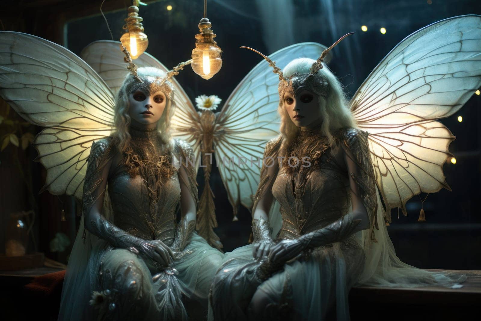 A captivating portrayal of celestial moth guardians, their ethereal presence warding off malevolent spirits with a soft, lunar glow.