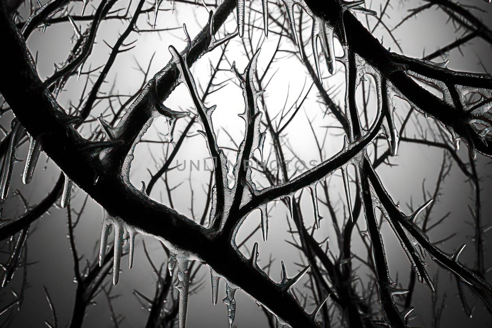 A remarkable portrayal of winter's allure, focusing on the glistening, see-through charm of icicles suspended from rooftops and tree limbs, showcasing their sparkling and crystalline elegance.