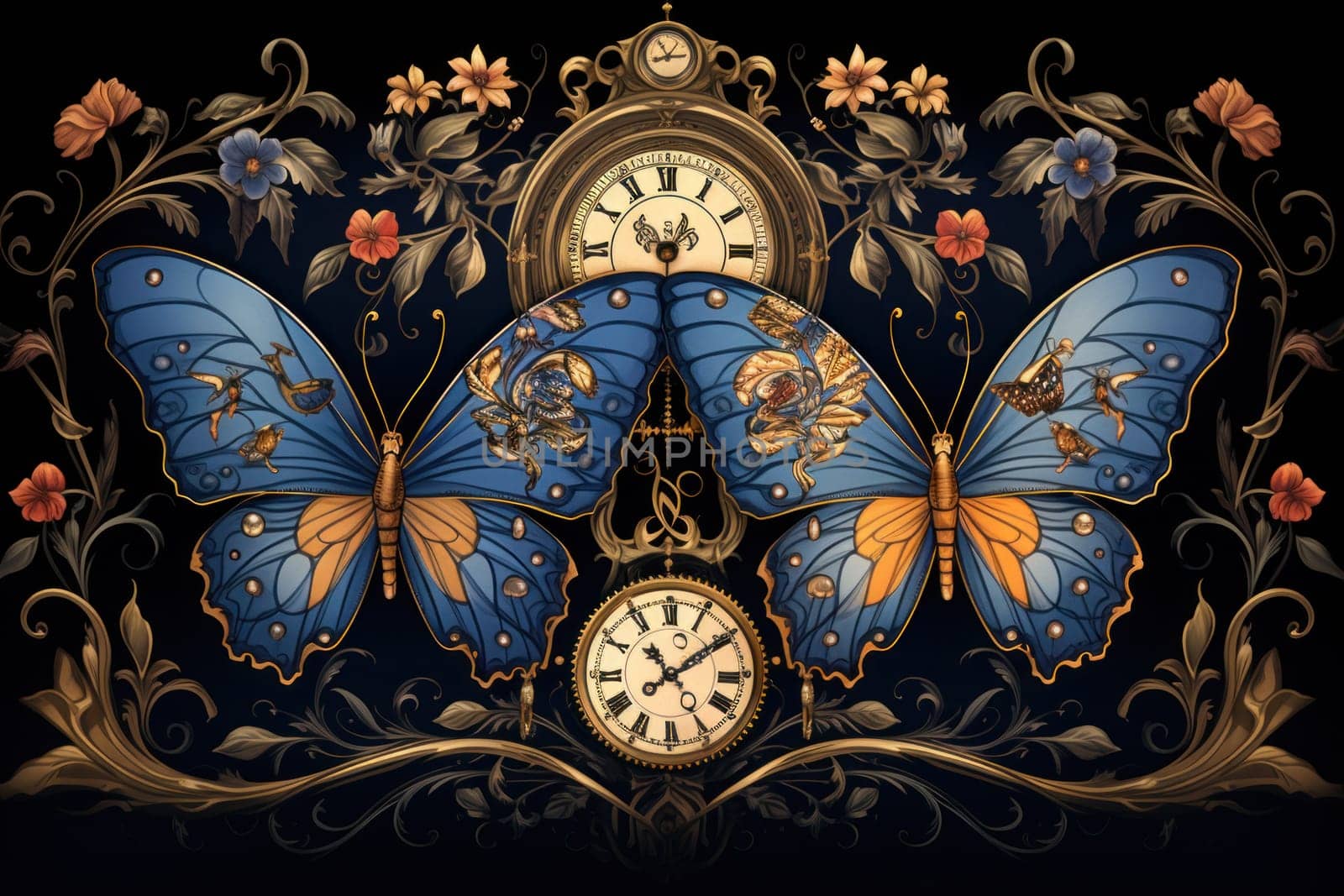 An enchanting portrayal of ethereal clockwork butterflies, fluttering gracefully with intricate precision, each adorned with intricate gears and delicate wings that shimmer with fantastical hues.