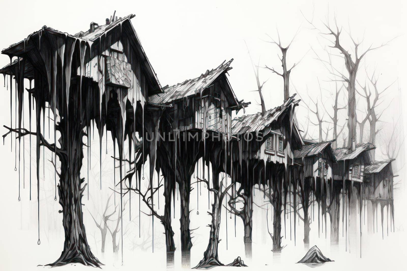 A remarkable portrayal of winter's allure, focusing on the glistening, see-through charm of icicles suspended from rooftops and tree limbs, showcasing their sparkling and crystalline elegance.