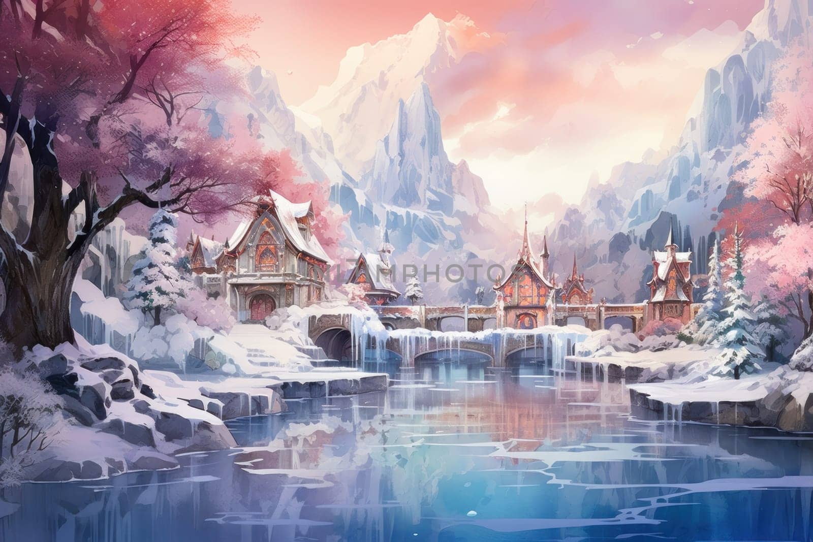 A captivating artistic portrayal of the enchanting winter season, where landscapes are magically transformed into a wonderland adorned with shimmering snow and sparkling icicles.