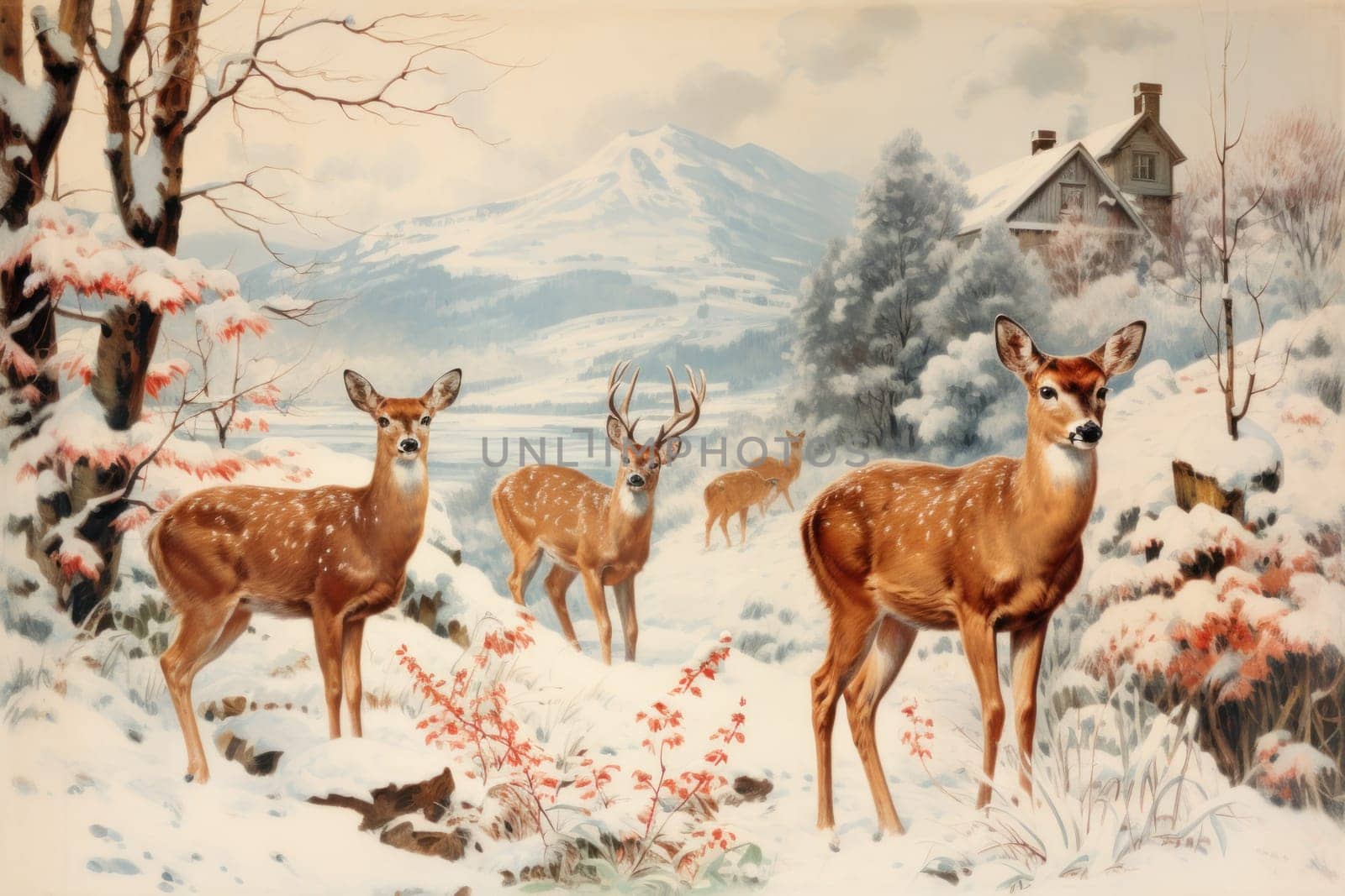 An enchanting winter tableau, showcasing the grace and resilience of wildlife, including deer, birds, and squirrels, in their natural habitats during the frosty season.