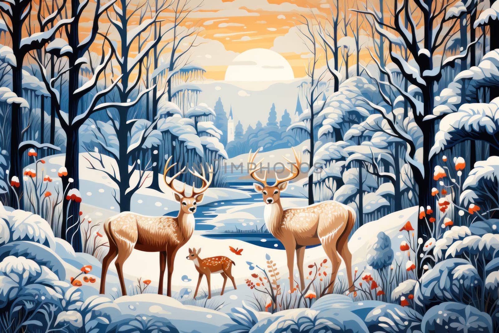 An enchanting winter tableau, showcasing the grace and resilience of wildlife, including deer, birds, and squirrels, in their natural habitats during the frosty season.