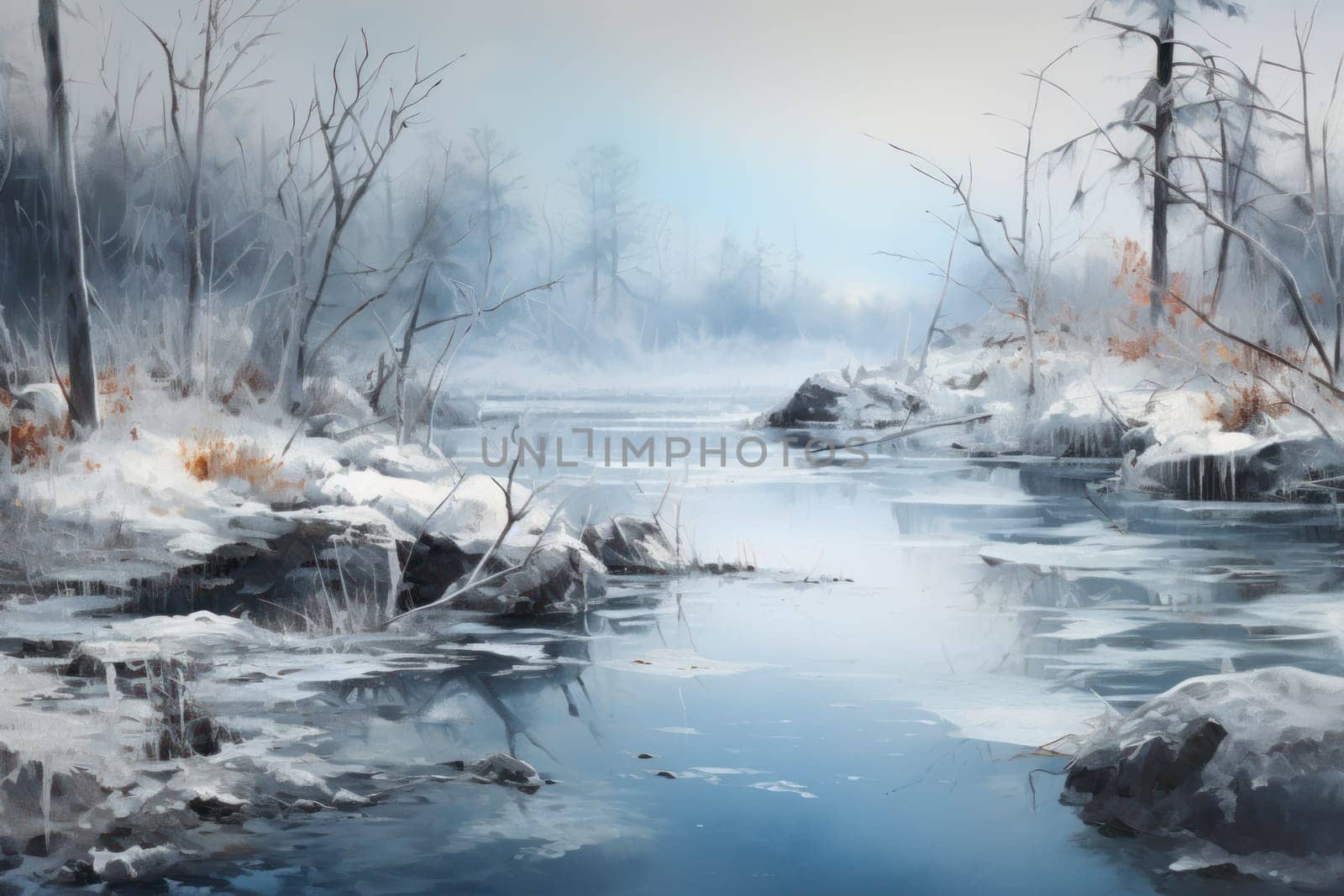 An exquisite visual representation of winter's enchantment, featuring frozen lakes, rivers, and ponds.