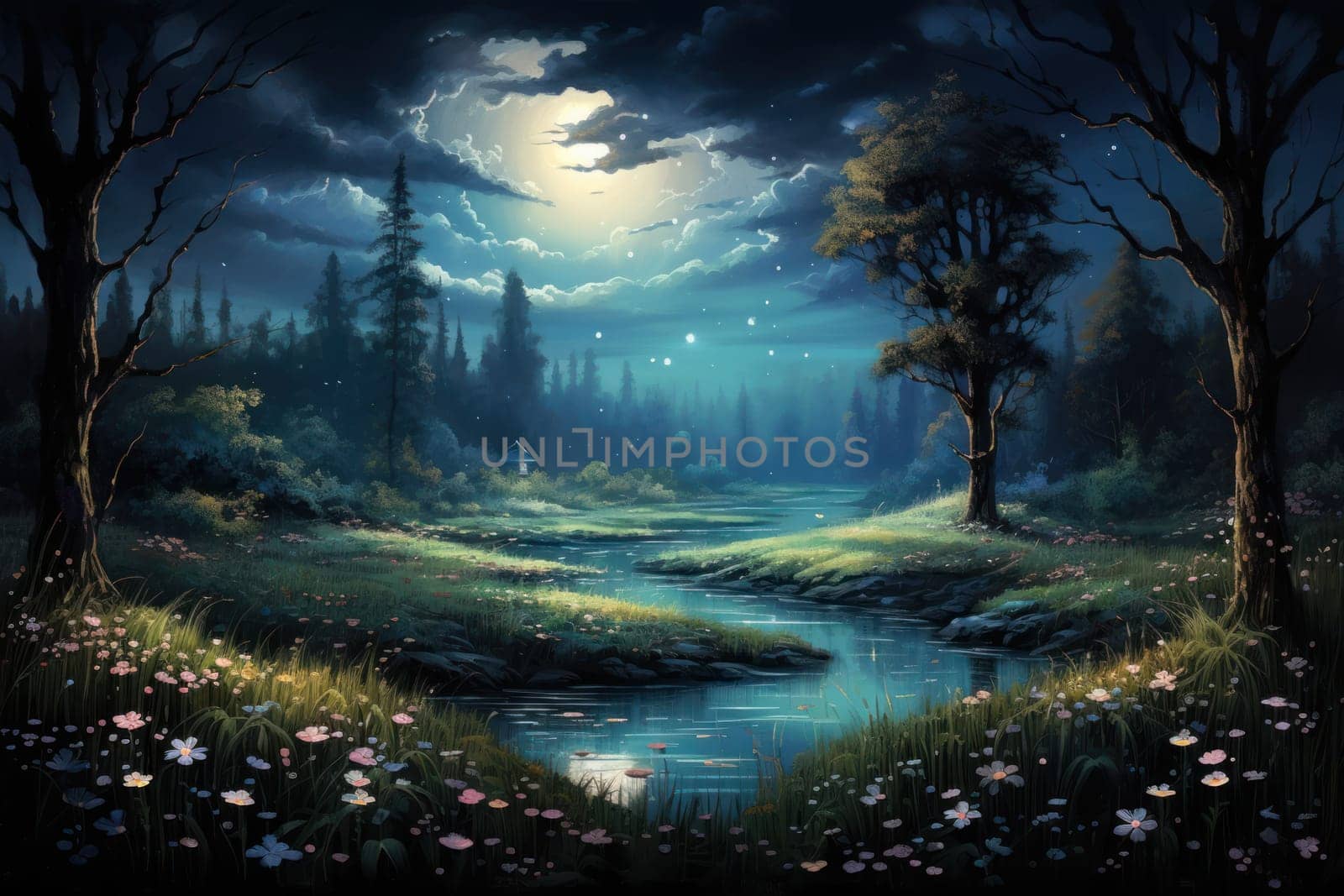 An enchanting portrayal of tranquil moonlit meadows, where dreams materialize and aspirations come to life.