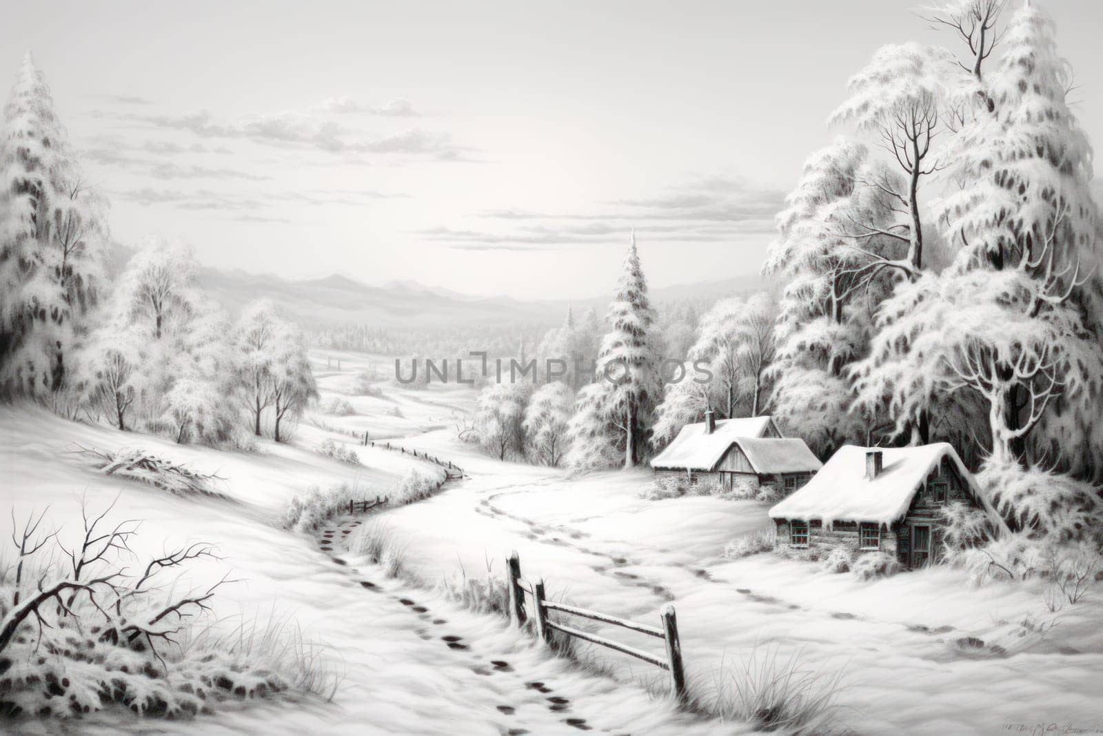 An exquisite winter composition, expertly capturing the tranquil allure of recently fallen snow draping over trees, landscapes, and architectural structures.