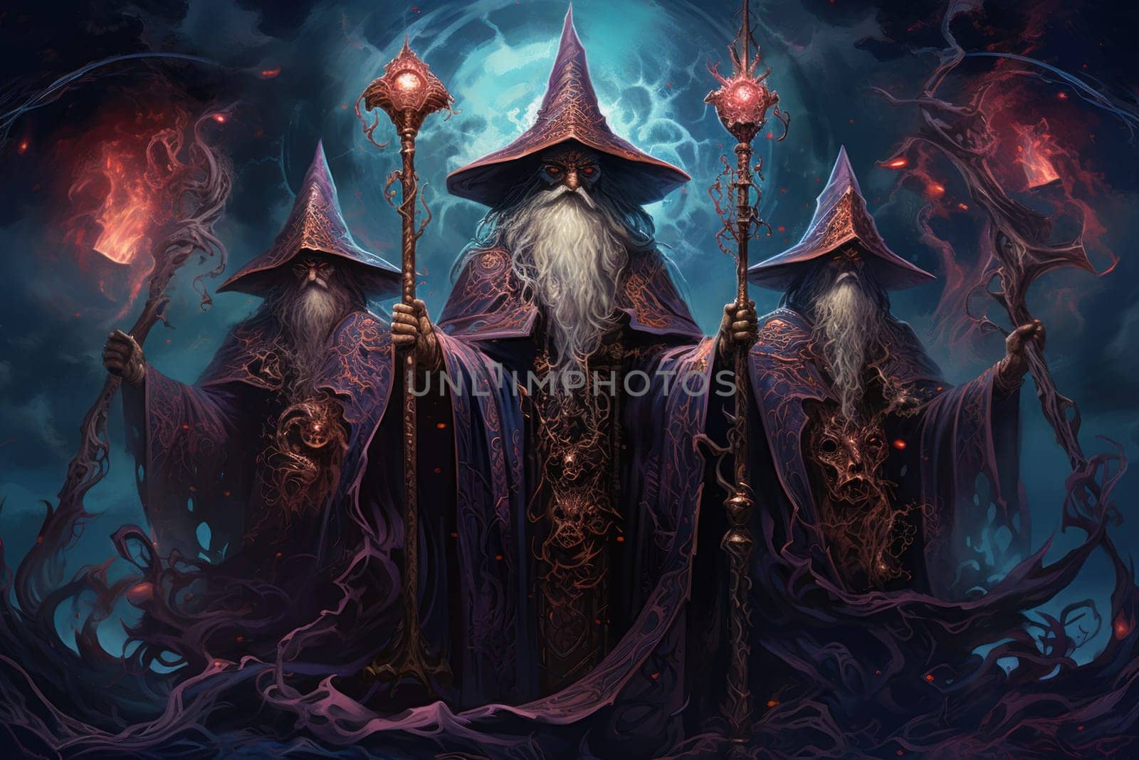 A mesmerizing portrayal of venerable and formidable wizards, exuding wisdom as they masterfully cast intricate arcane spells, wielding ancient staffs adorned with mystic runes.