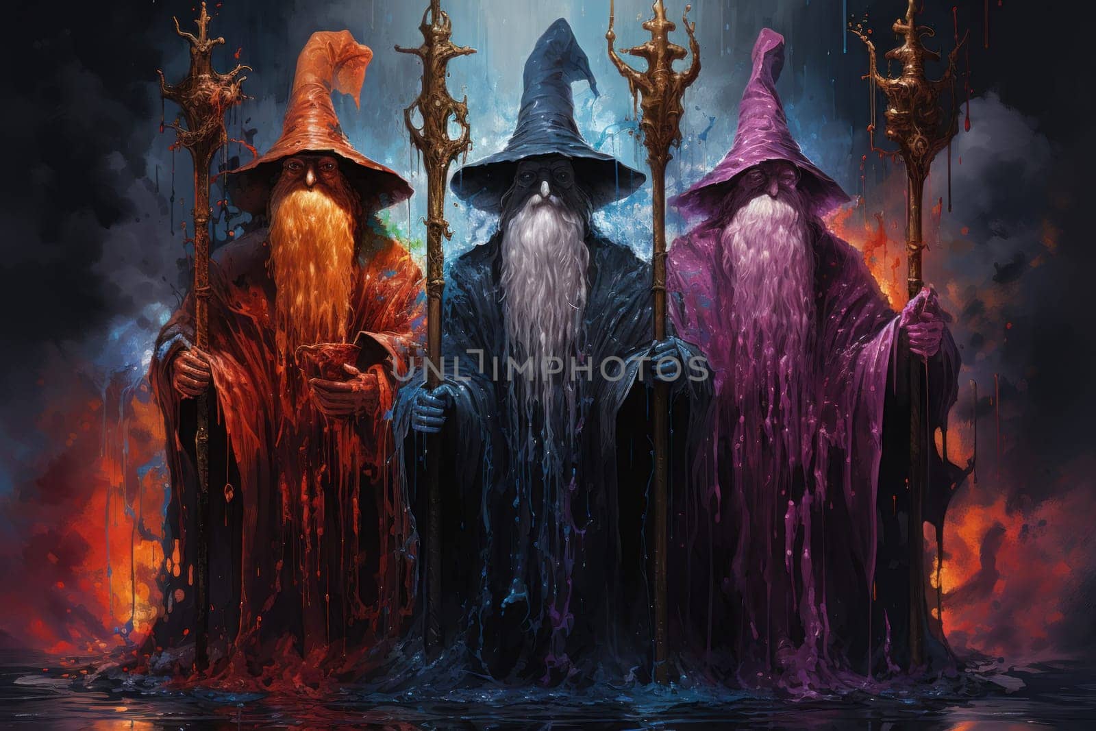 A mesmerizing portrayal of venerable and formidable wizards, exuding wisdom as they masterfully cast intricate arcane spells, wielding ancient staffs adorned with mystic runes.