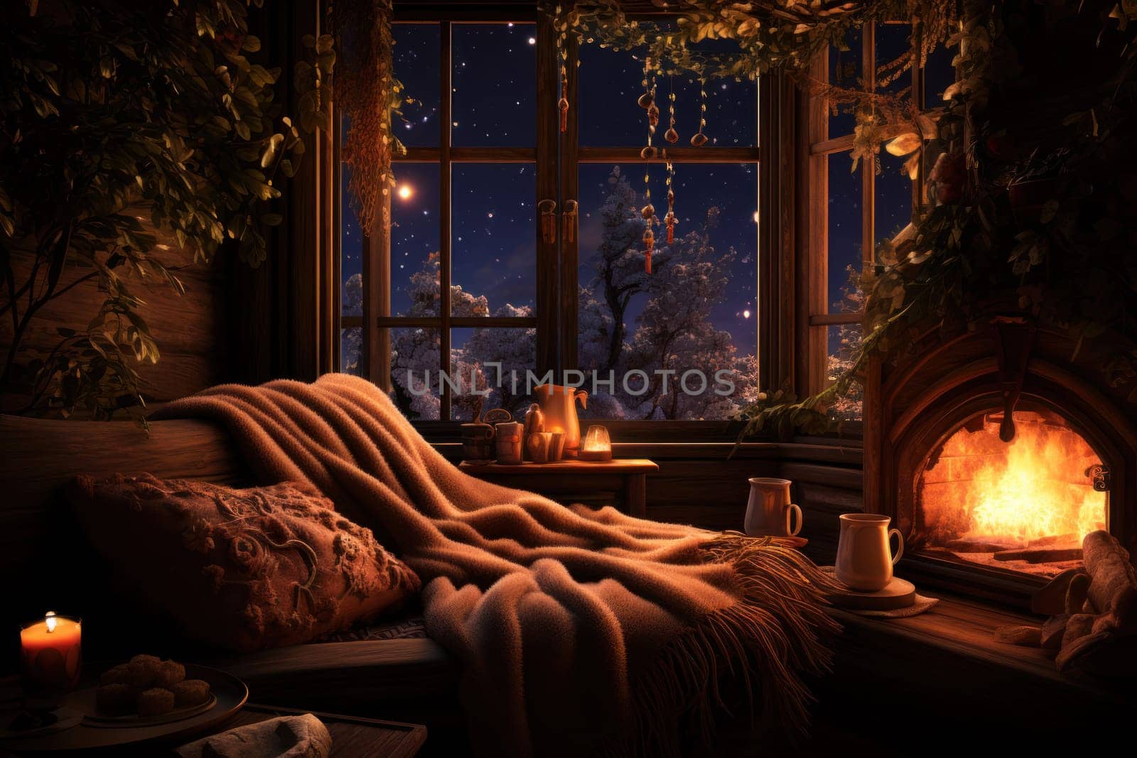 A heartwarming depiction of the winter season's charm, with individuals captured indoors, basking by a crackling fire, indulging in hot cocoa, or cocooned in soft blankets.