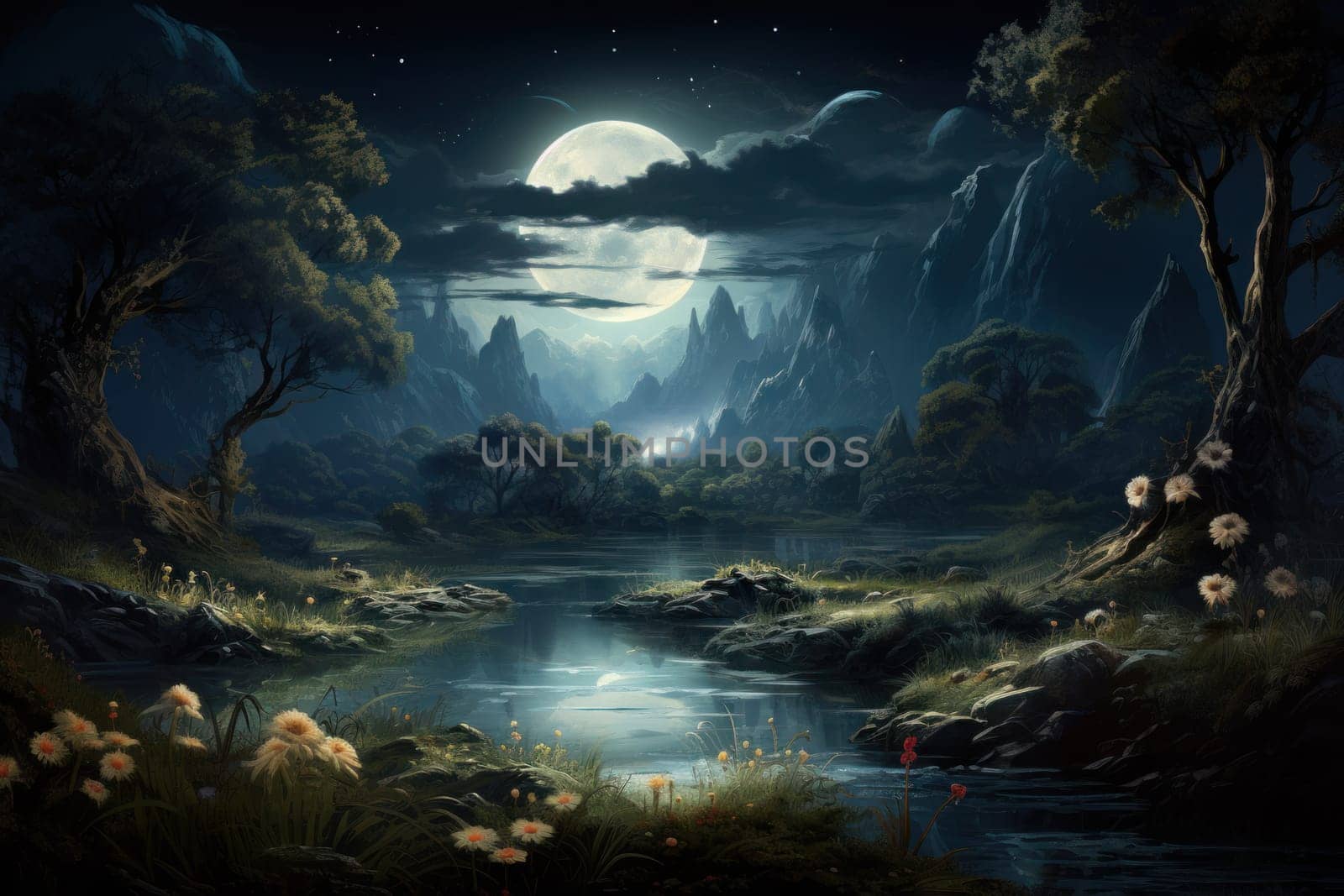 An enchanting portrayal of tranquil moonlit meadows, where dreams materialize and aspirations come to life.