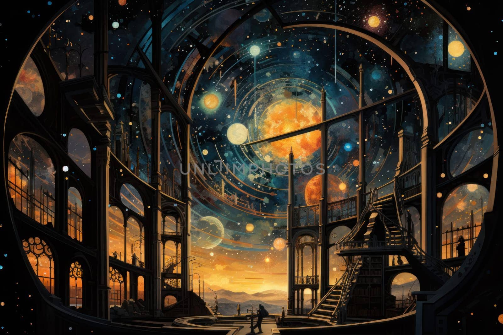 An awe-inspiring depiction of celestial libraries, ancient repositories of boundless universal wisdom.