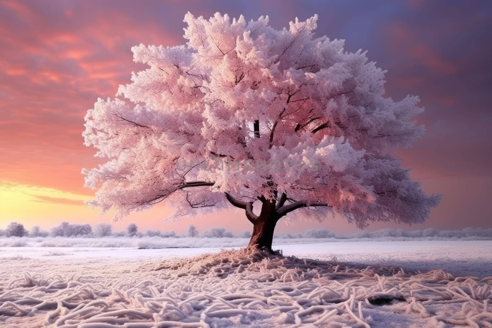An exquisite winter composition, expertly capturing the tranquil allure of recently fallen snow draping over trees, landscapes, and architectural structures.