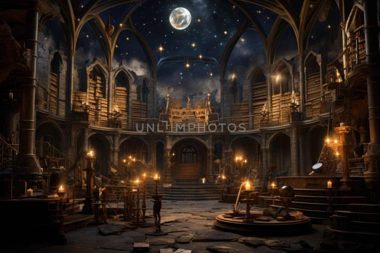 An awe-inspiring depiction of celestial libraries, ancient repositories of boundless universal wisdom.
