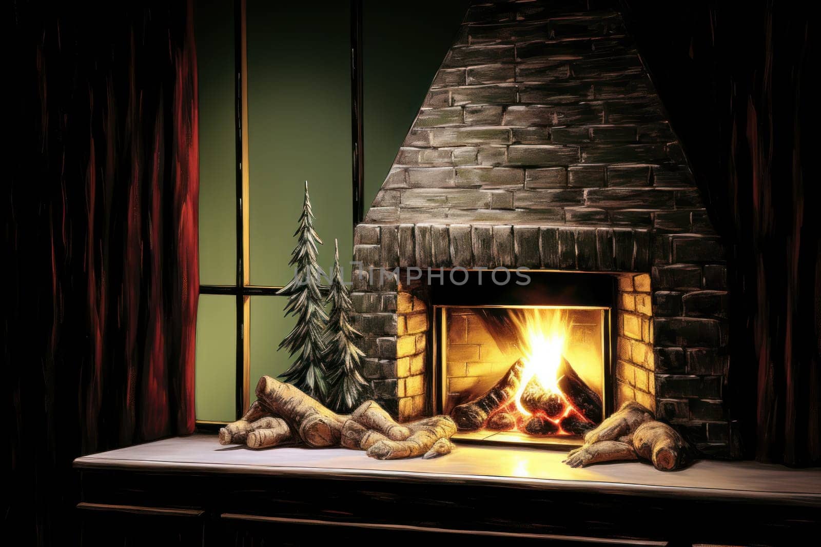 A heartwarming depiction of the winter season's charm, with individuals captured indoors, basking by a crackling fire, indulging in hot cocoa, or cocooned in soft blankets.