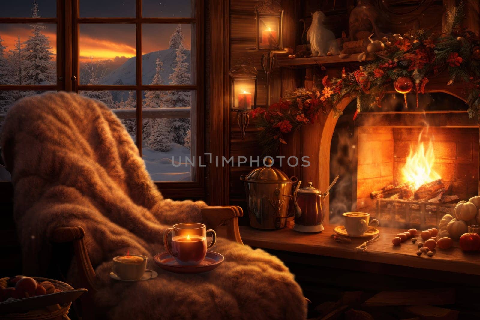 A heartwarming depiction of the winter season's charm, with individuals captured indoors, basking by a crackling fire, indulging in hot cocoa, or cocooned in soft blankets.