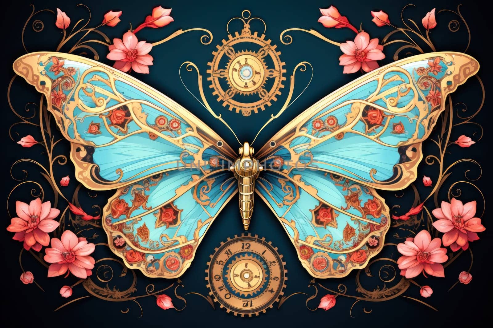 An enchanting portrayal of ethereal clockwork butterflies, fluttering gracefully with intricate precision, each adorned with intricate gears and delicate wings that shimmer with fantastical hues.