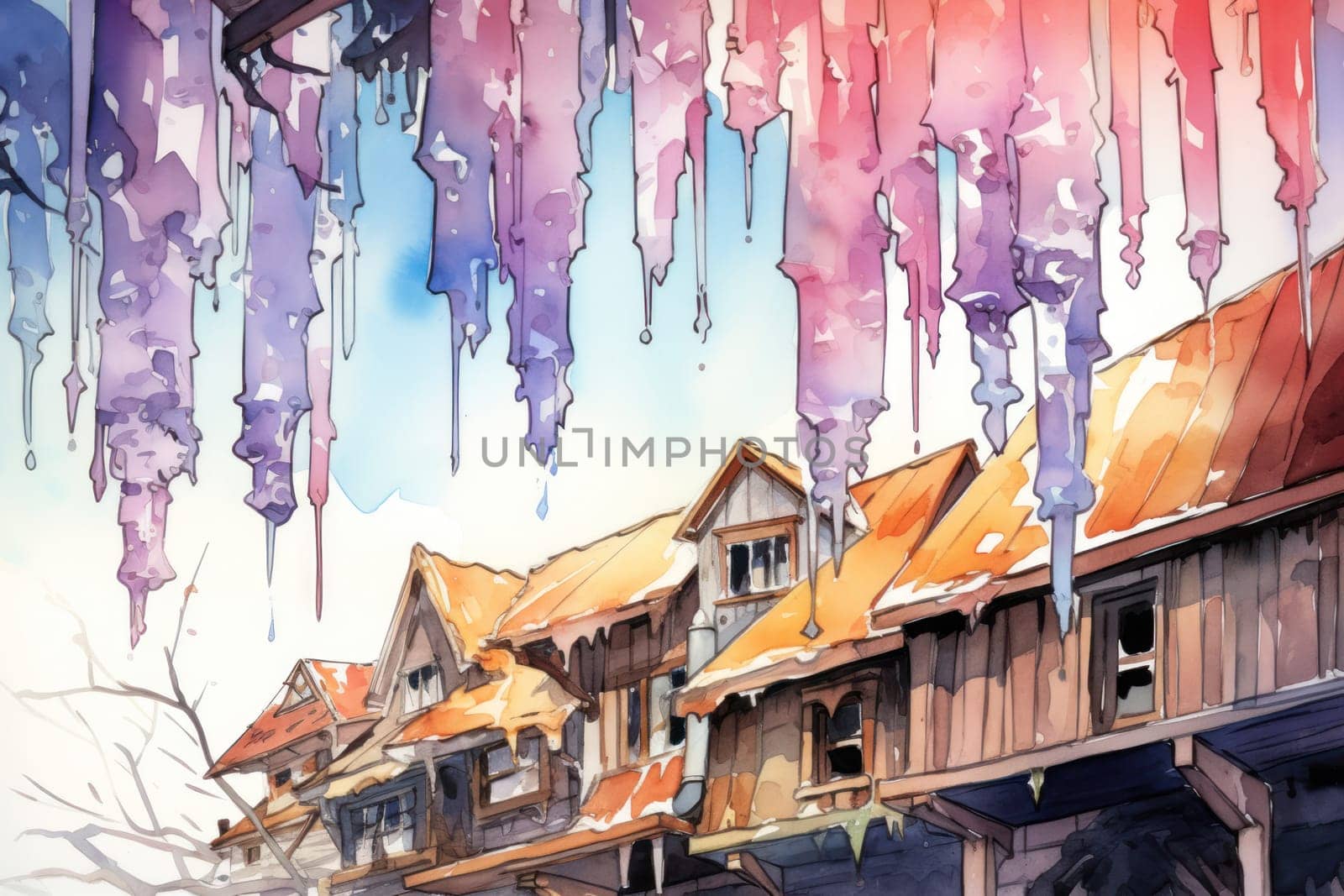 A remarkable portrayal of winter's allure, focusing on the glistening, see-through charm of icicles suspended from rooftops and tree limbs, showcasing their sparkling and crystalline elegance.