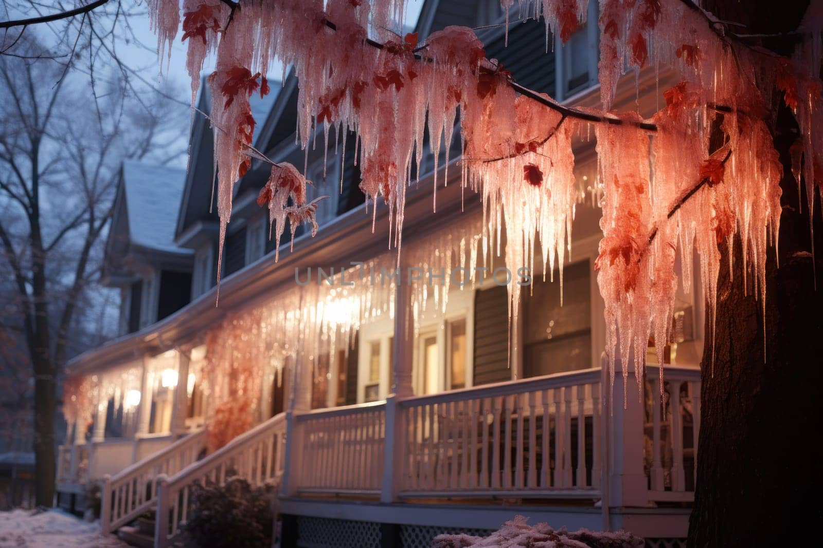 A remarkable portrayal of winter's allure, focusing on the glistening, see-through charm of icicles suspended from rooftops and tree limbs, showcasing their sparkling and crystalline elegance.