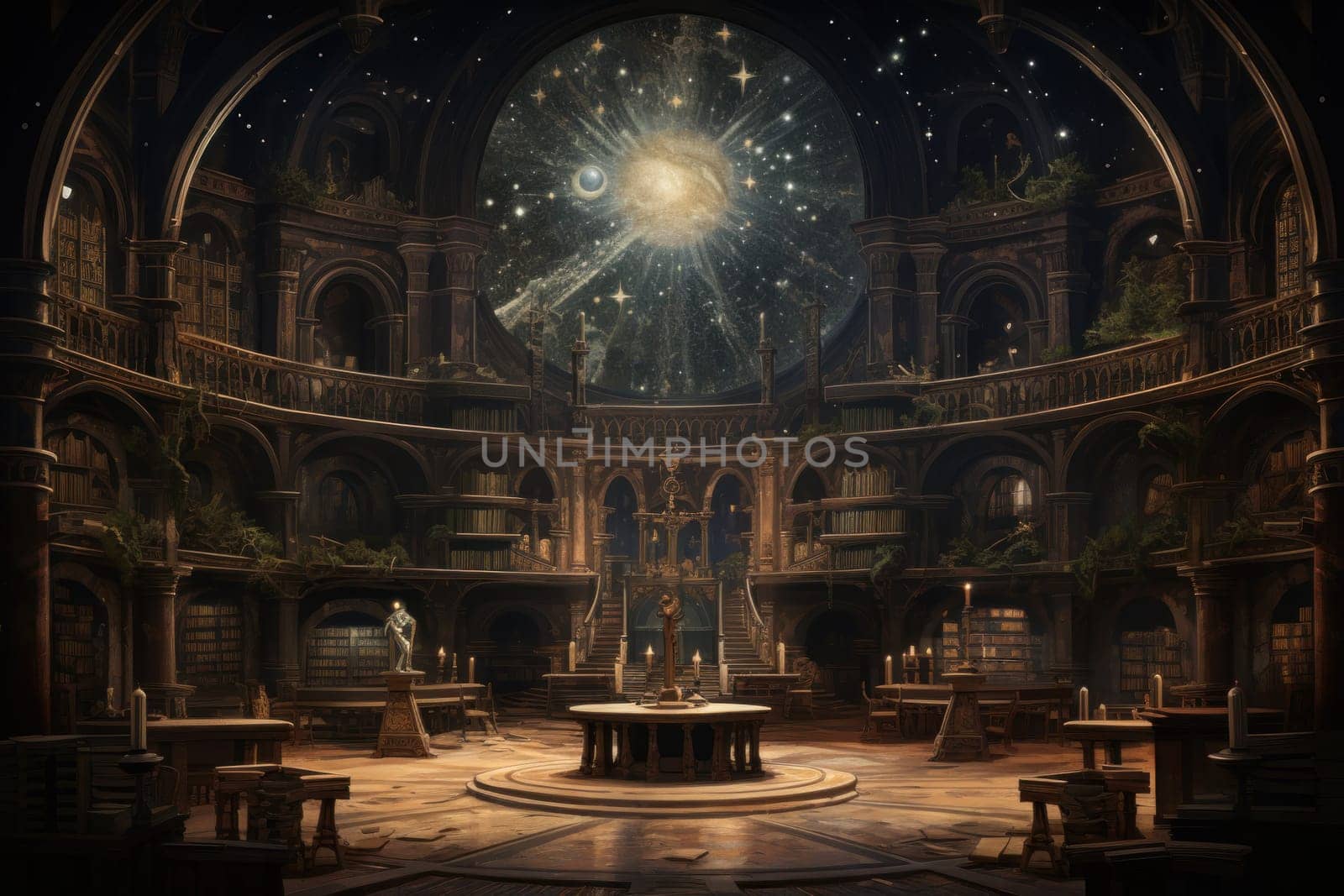 An awe-inspiring depiction of celestial libraries, ancient repositories of boundless universal wisdom.