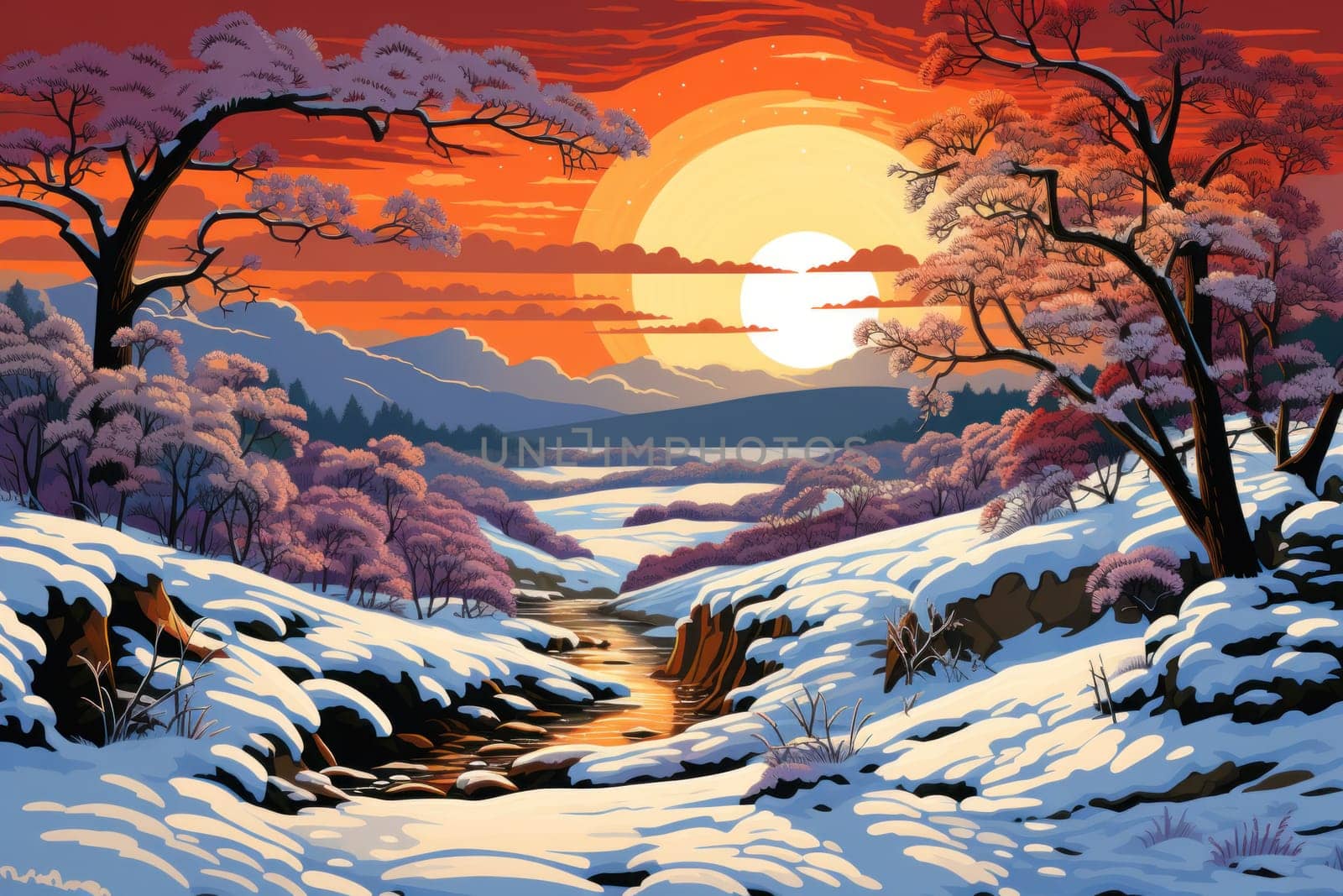 An exquisite winter composition, expertly capturing the tranquil allure of recently fallen snow draping over trees, landscapes, and architectural structures.