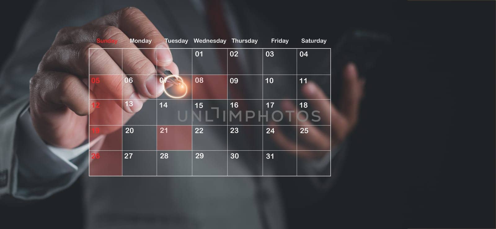 Businessman marking dates on virtual calendar, managing his business schedule, setting reminders for important appointments, creative collage for planning ideas, appointment scheduler