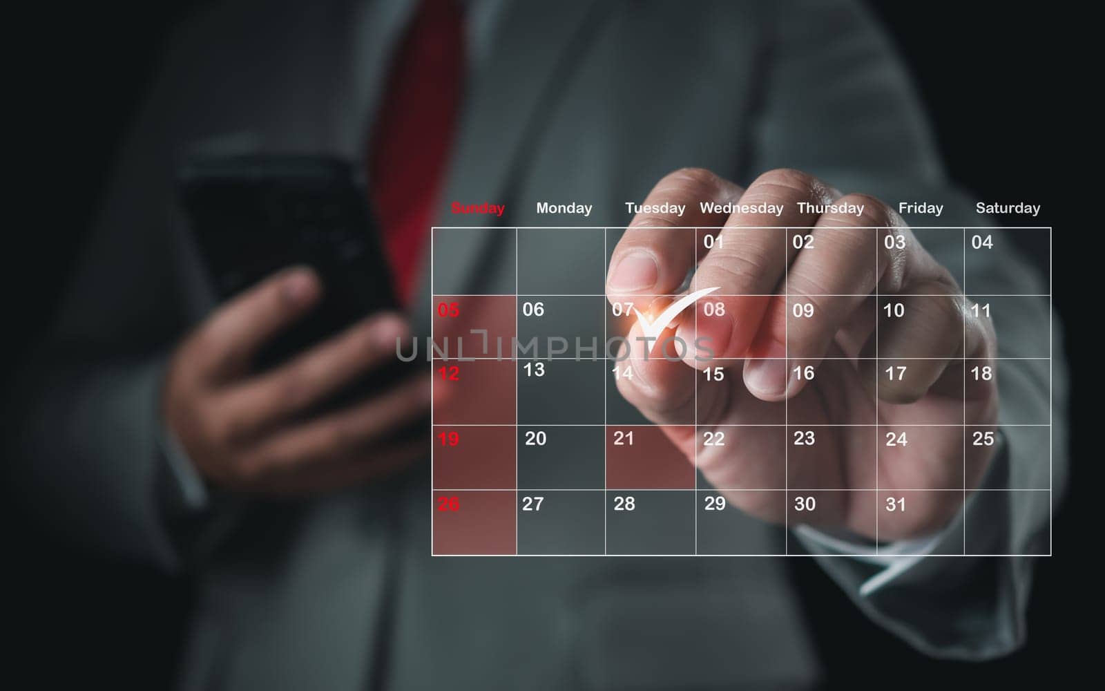 Businessman marking dates on virtual calendar, managing his business schedule, setting reminders for important appointments, creative collage for planning ideas, appointment scheduler by Unimages2527