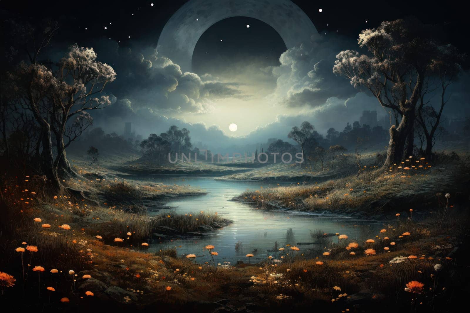 An enchanting portrayal of tranquil moonlit meadows, where dreams materialize and aspirations come to life.