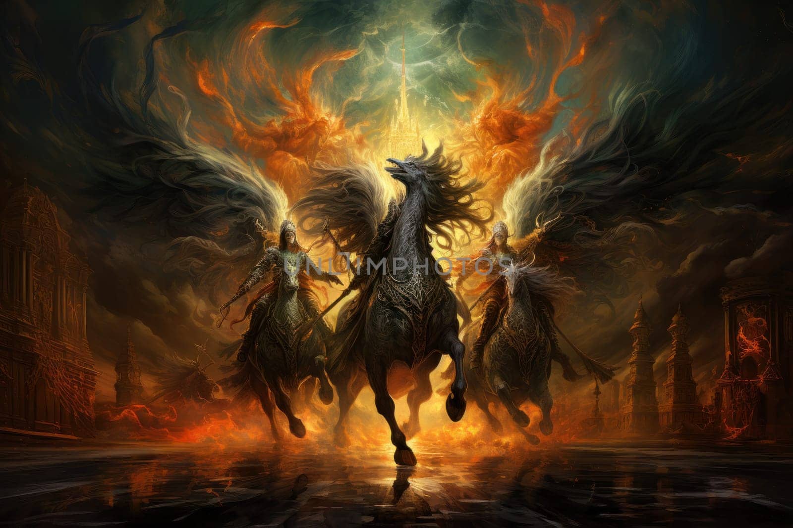An awe-inspiring portrayal of fabled phoenix riders, gracefully soaring through the skies astride magnificent fiery avian creatures.