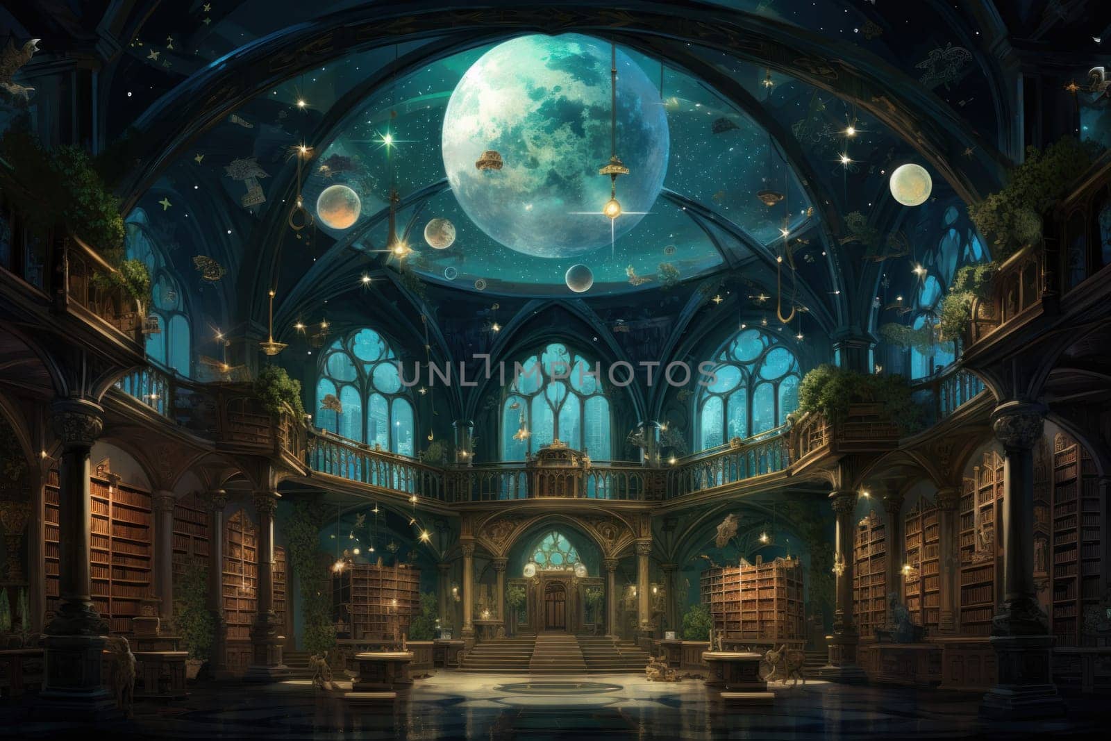 An awe-inspiring depiction of celestial libraries, ancient repositories of boundless universal wisdom.