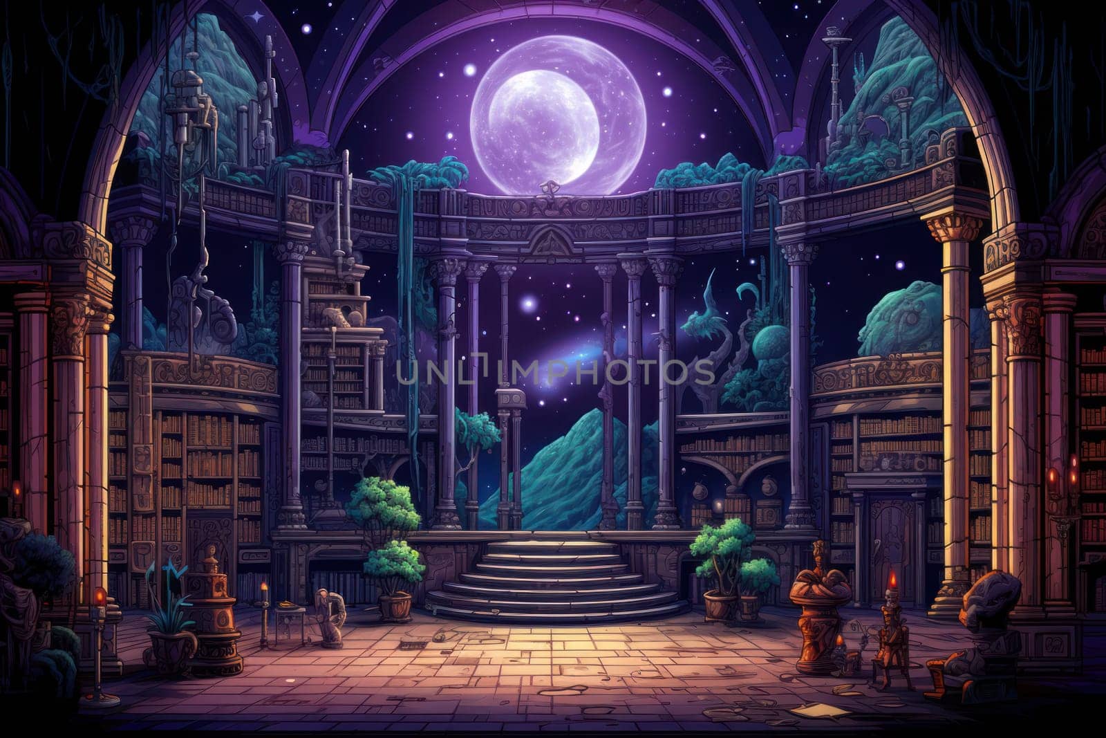 An awe-inspiring depiction of celestial libraries, ancient repositories of boundless universal wisdom.