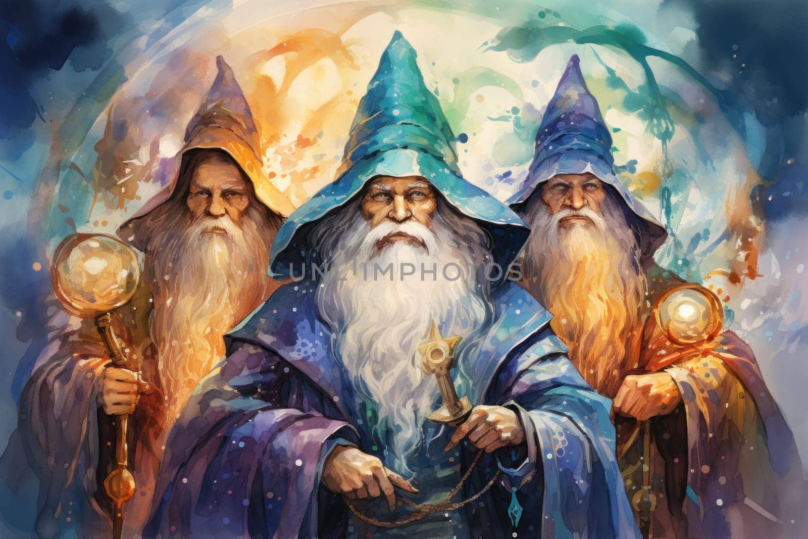 A mesmerizing portrayal of venerable and formidable wizards, exuding wisdom as they masterfully cast intricate arcane spells, wielding ancient staffs adorned with mystic runes.