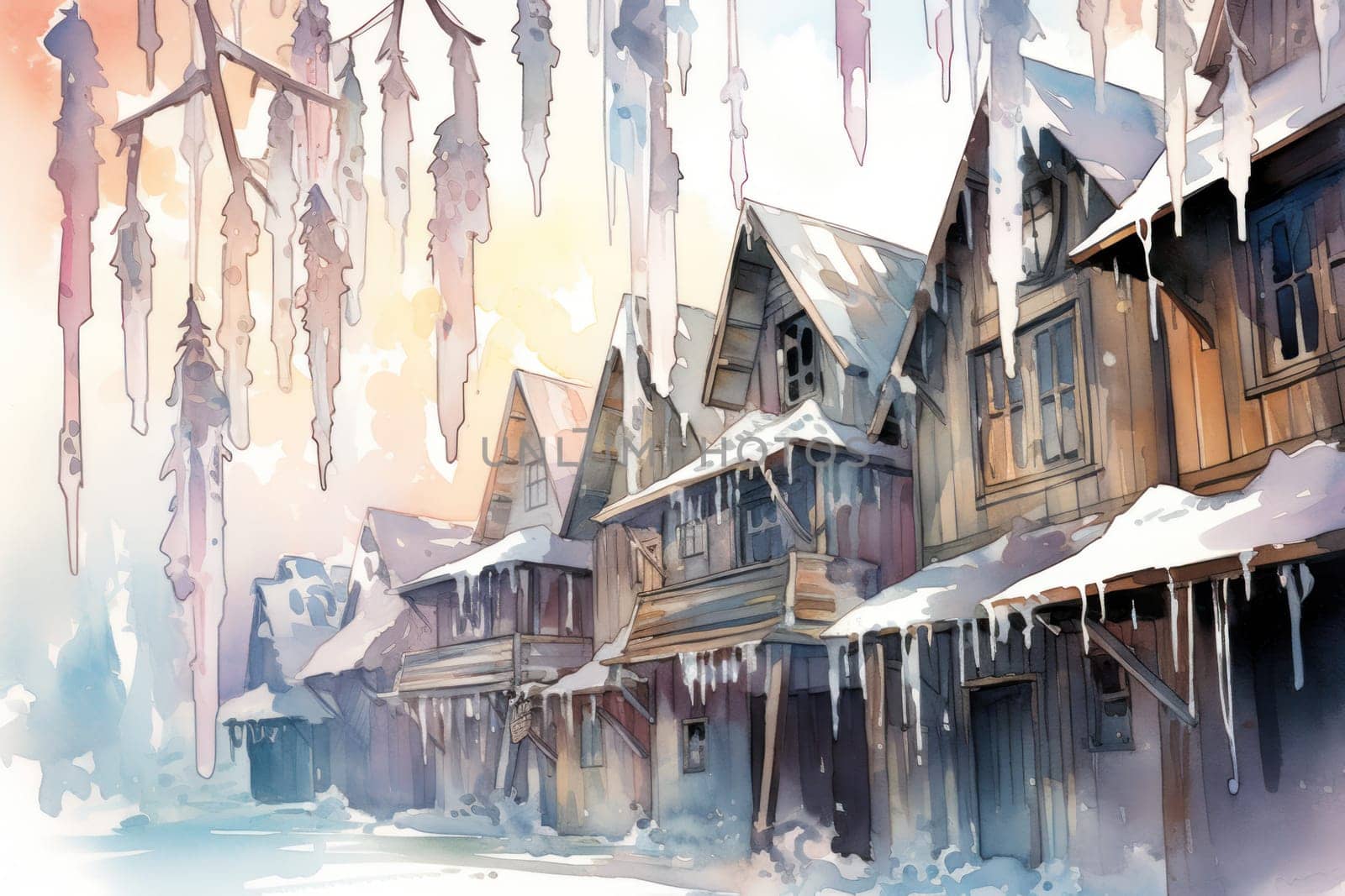 A remarkable portrayal of winter's allure, focusing on the glistening, see-through charm of icicles suspended from rooftops and tree limbs, showcasing their sparkling and crystalline elegance.