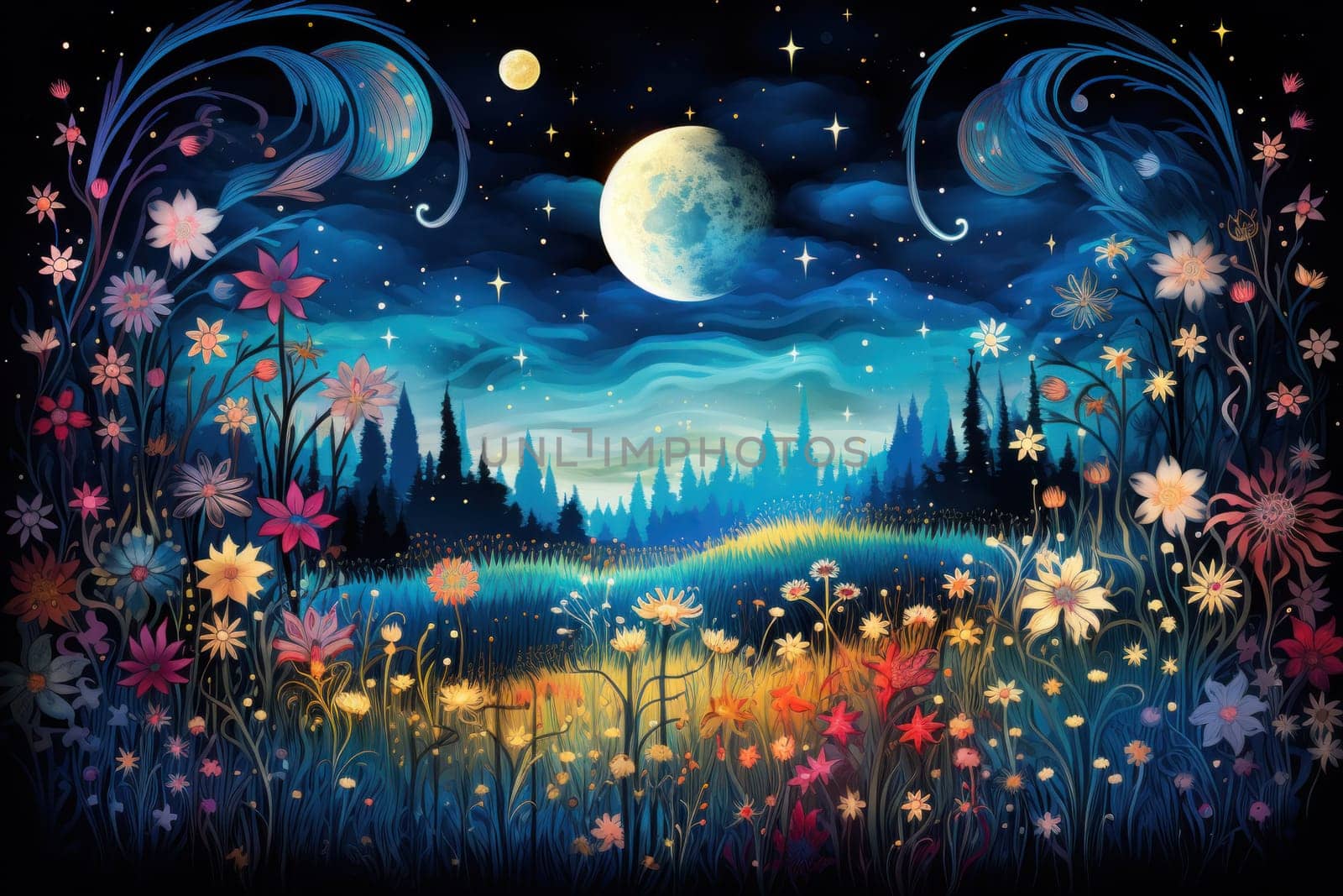 An enchanting portrayal of tranquil moonlit meadows, where dreams materialize and aspirations come to life.
