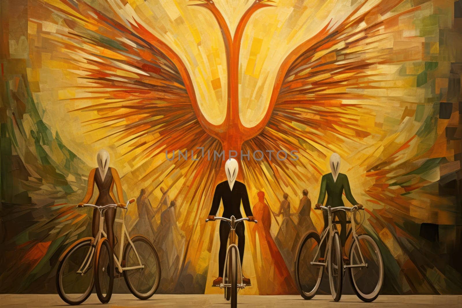 An awe-inspiring portrayal of fabled phoenix riders, gracefully soaring through the skies astride magnificent fiery avian creatures.