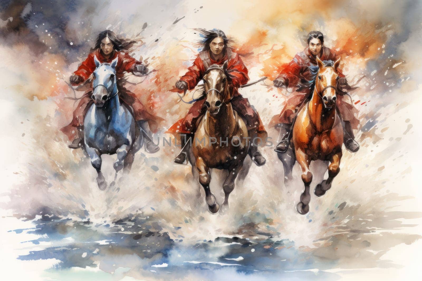 An awe-inspiring portrayal of fabled phoenix riders, gracefully soaring through the skies astride magnificent fiery avian creatures.