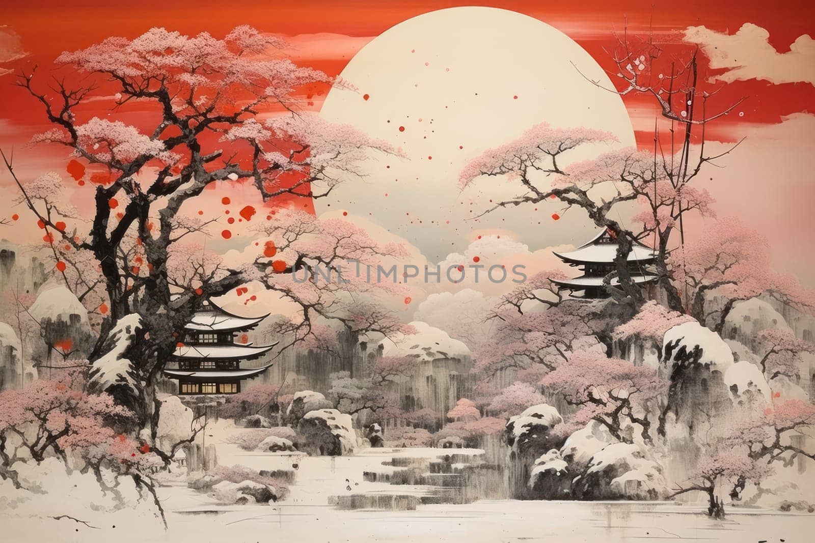 An exquisite winter composition, expertly capturing the tranquil allure of recently fallen snow draping over trees, landscapes, and architectural structures.