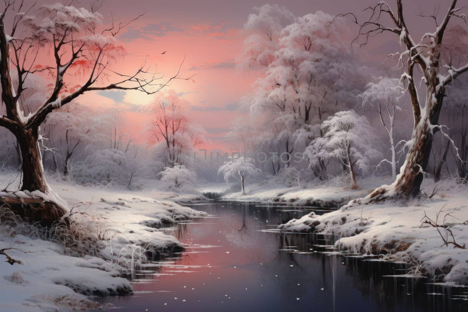A captivating artistic portrayal of the enchanting winter season, where landscapes are magically transformed into a wonderland adorned with shimmering snow and sparkling icicles.