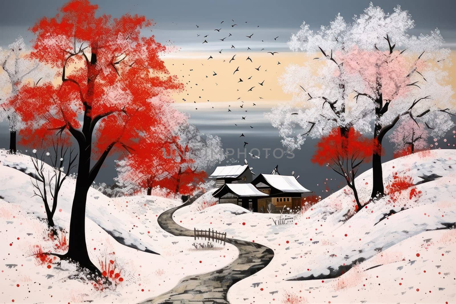 An exquisite winter composition, expertly capturing the tranquil allure of recently fallen snow draping over trees, landscapes, and architectural structures.
