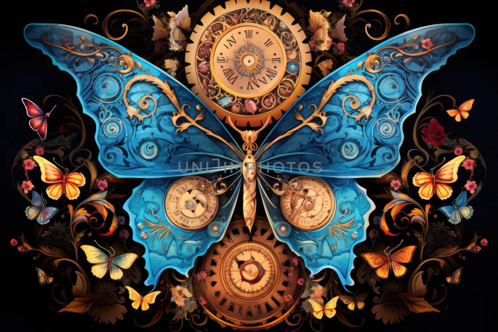 An enchanting portrayal of ethereal clockwork butterflies, fluttering gracefully with intricate precision, each adorned with intricate gears and delicate wings that shimmer with fantastical hues.