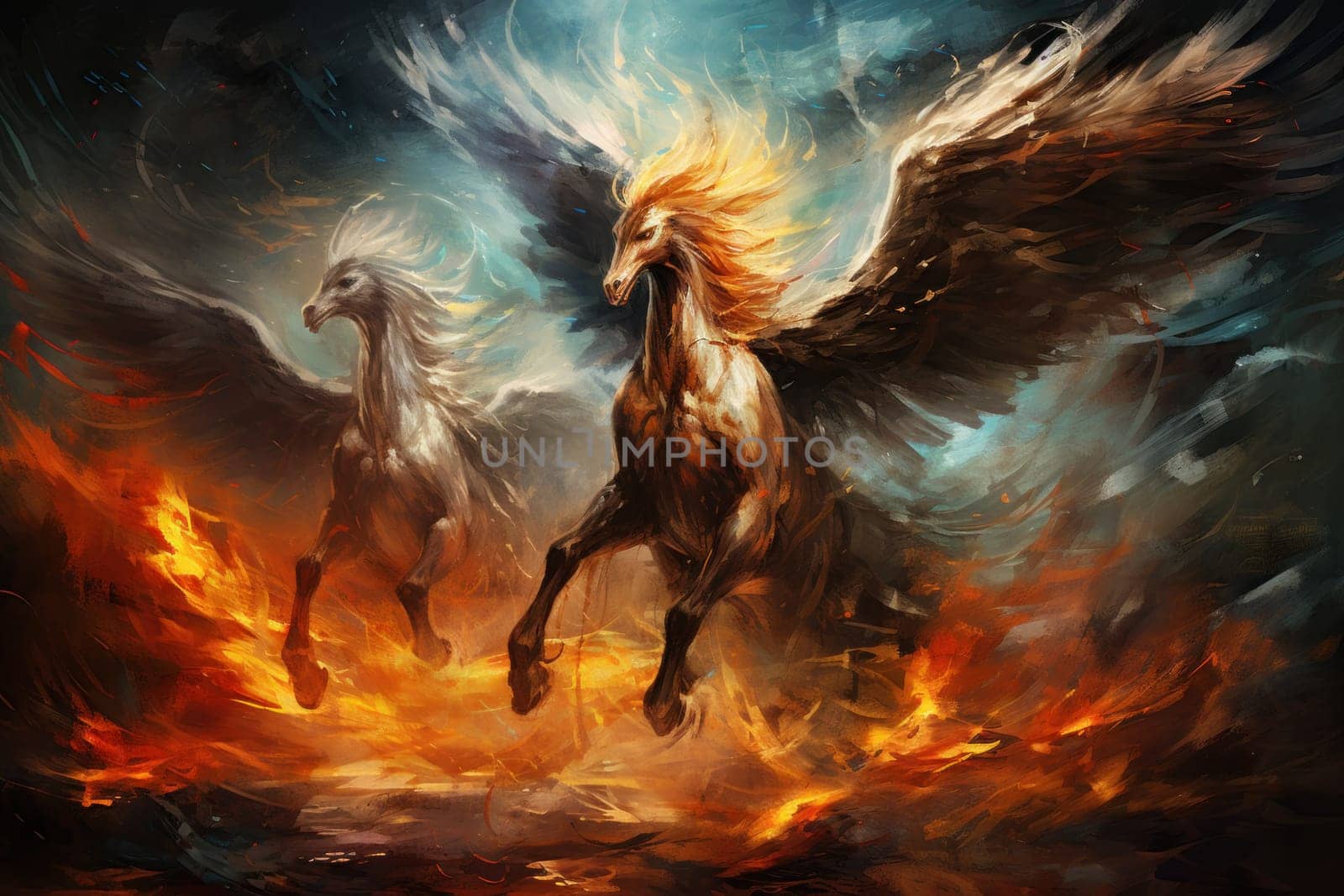 An awe-inspiring portrayal of fabled phoenix riders, gracefully soaring through the skies astride magnificent fiery avian creatures.