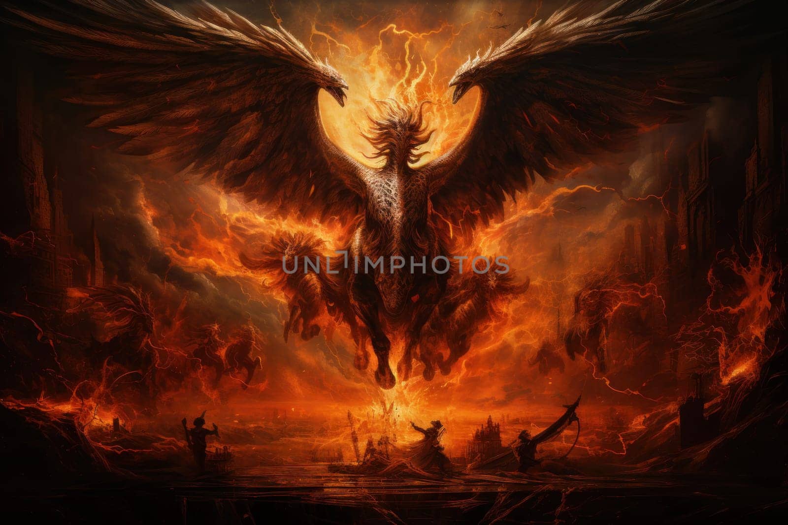 An awe-inspiring portrayal of fabled phoenix riders, gracefully soaring through the skies astride magnificent fiery avian creatures.