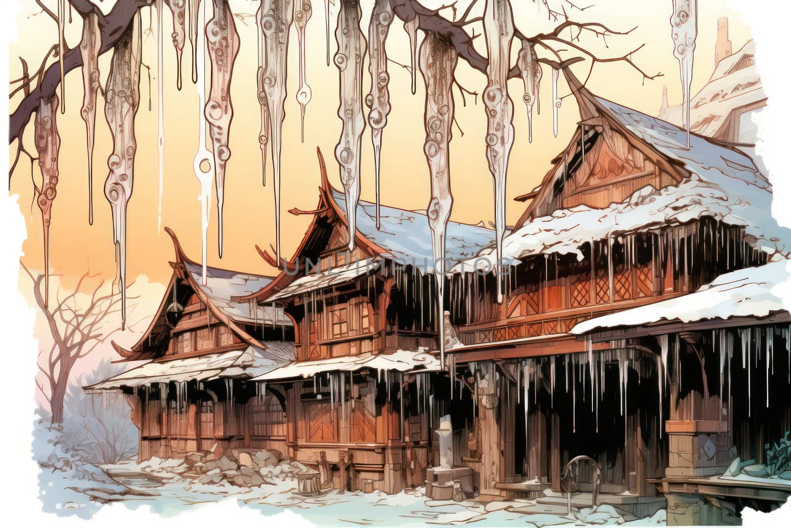 A remarkable portrayal of winter's allure, focusing on the glistening, see-through charm of icicles suspended from rooftops and tree limbs, showcasing their sparkling and crystalline elegance.